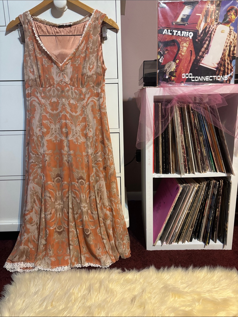 Y2K Silk Vintage Babydoll Midi Dress Elie Tahari Orange Cream Lace Printed Fall